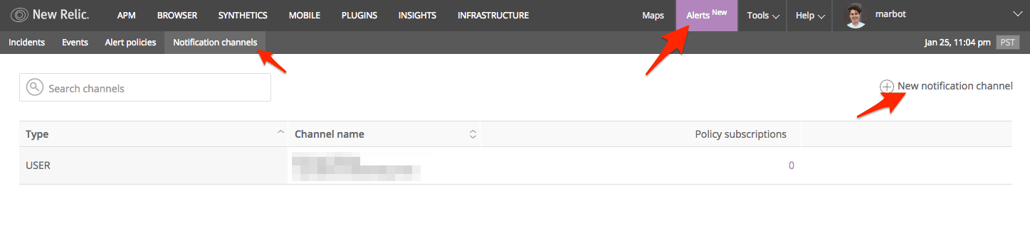 Setup New Relic Notification channel: step 1