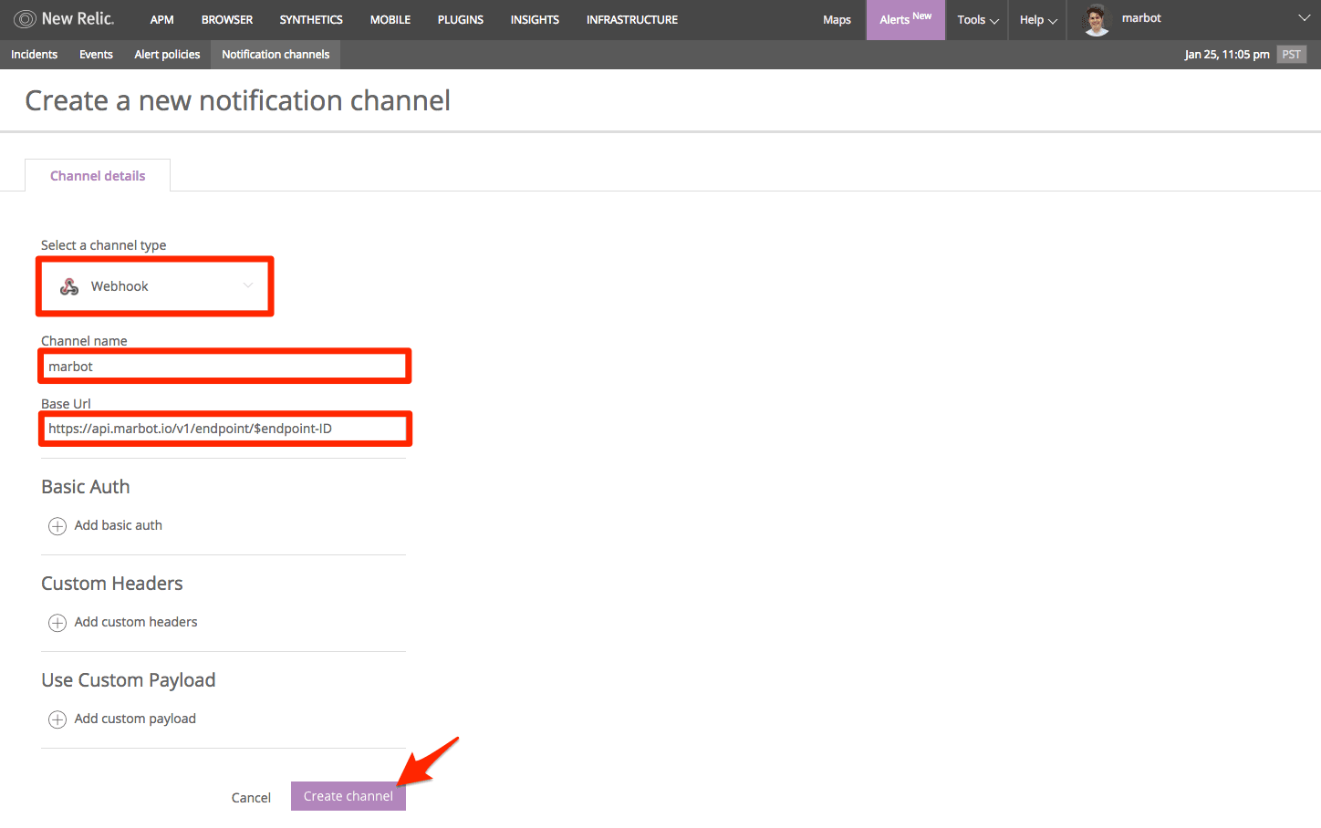 Setup New Relic Notification channel: step 2
