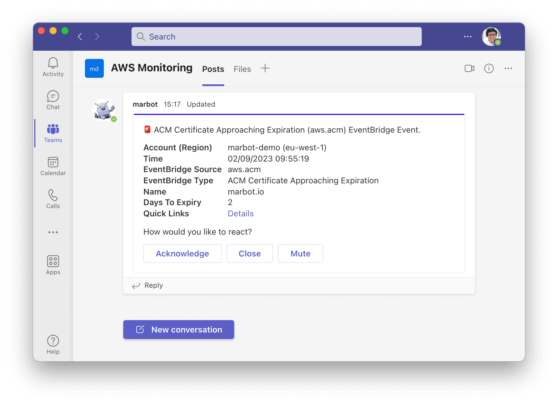 AWS Certificate Manager (ACM) alert in Microsoft Teams