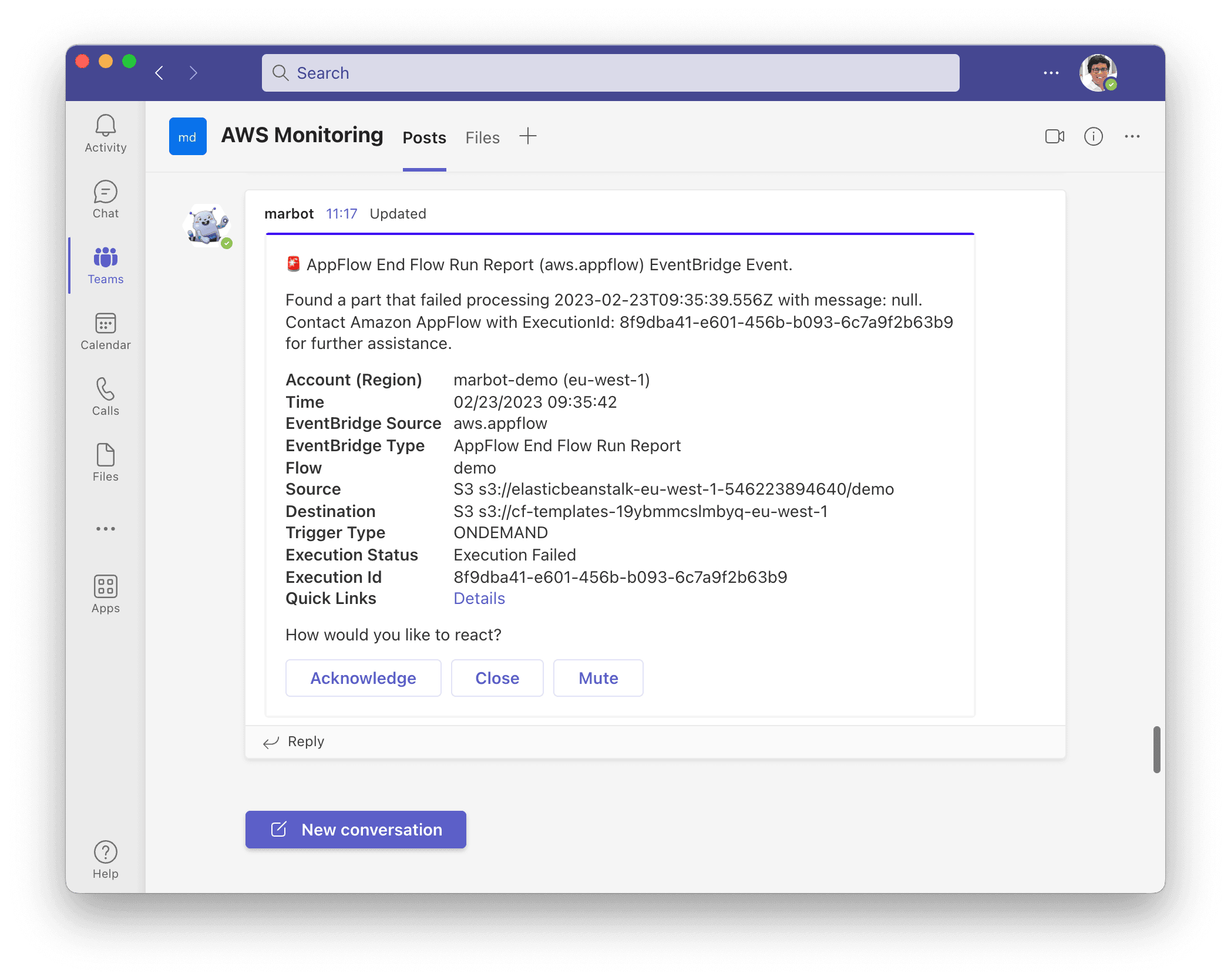 Amazon AppFlow alert in Microsoft Teams