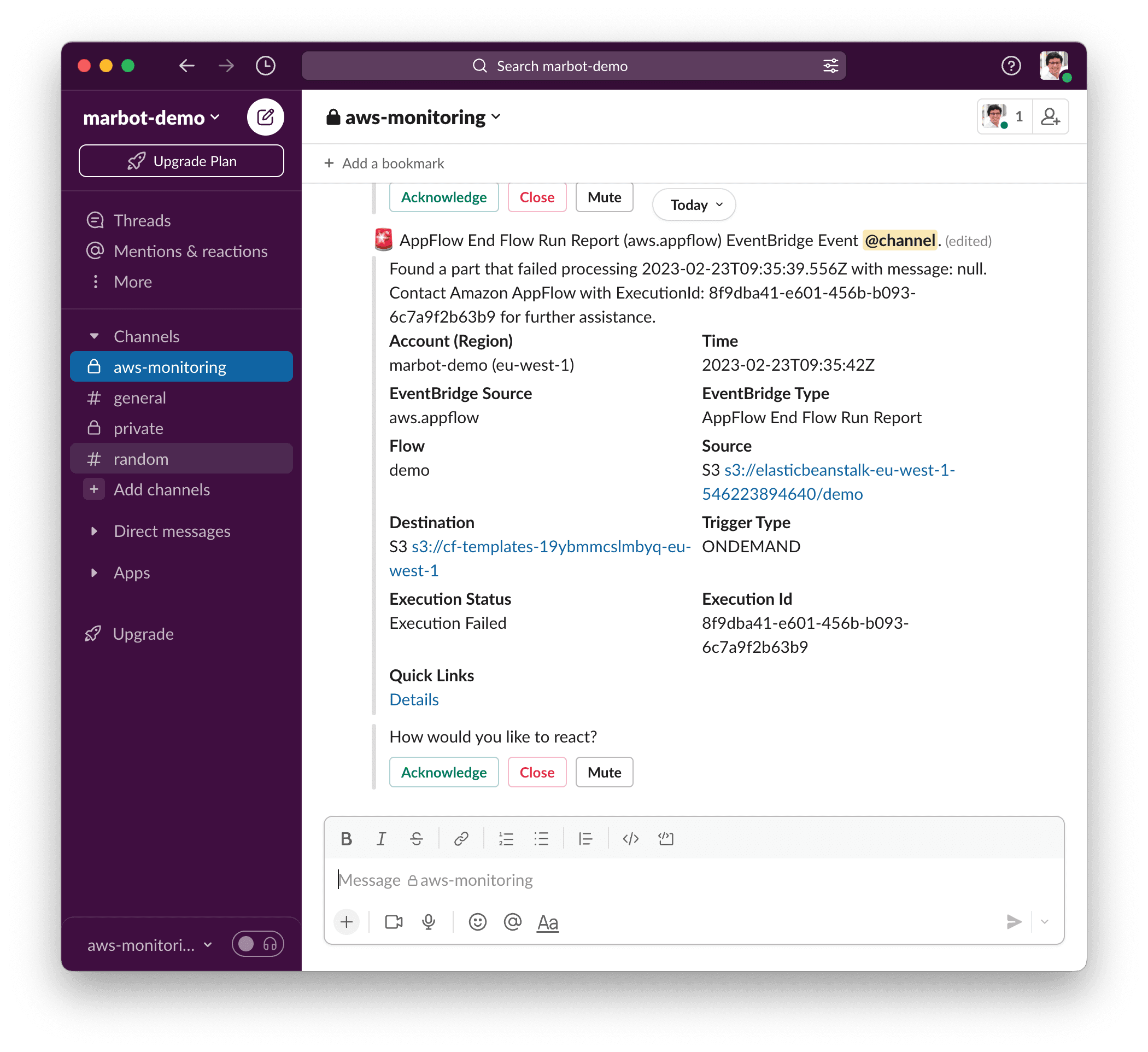 Amazon AppFlow alert in Slack