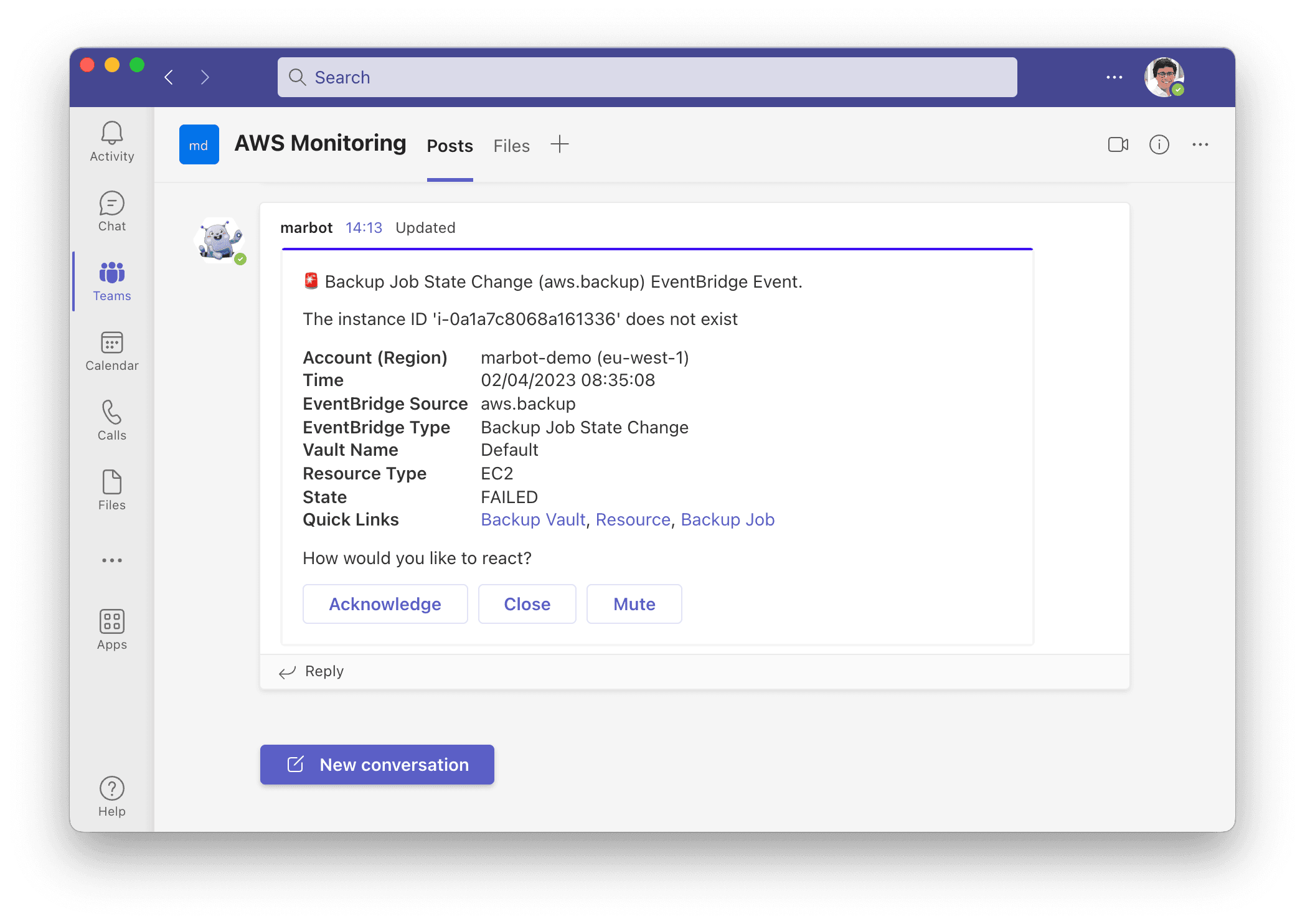 AWS Backup alert in Microsoft Teams