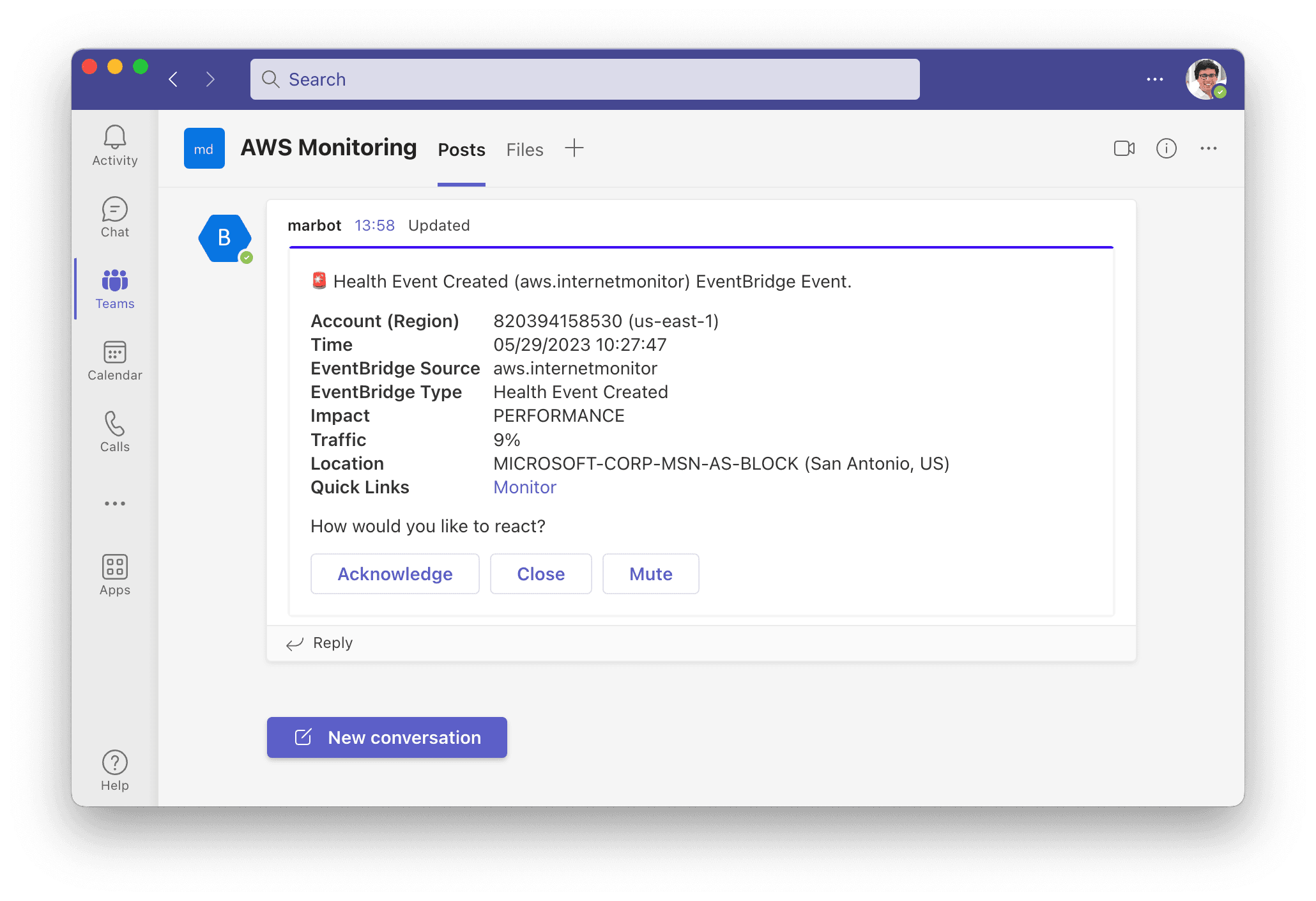 CloudWatch Internet Monitoring alert in Microsoft Teams