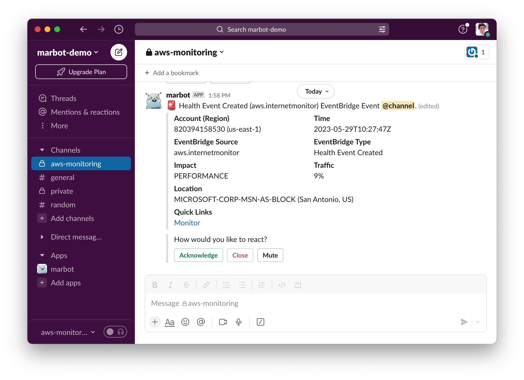 CloudWatch Internet Monitoring alert in Slack