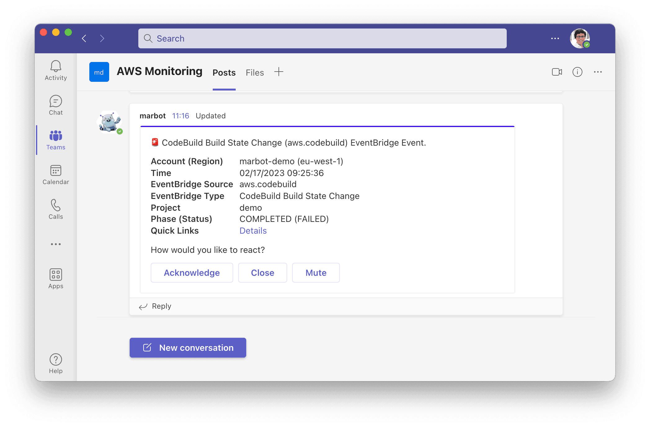 AWS CodeBuild alert in Microsoft Teams