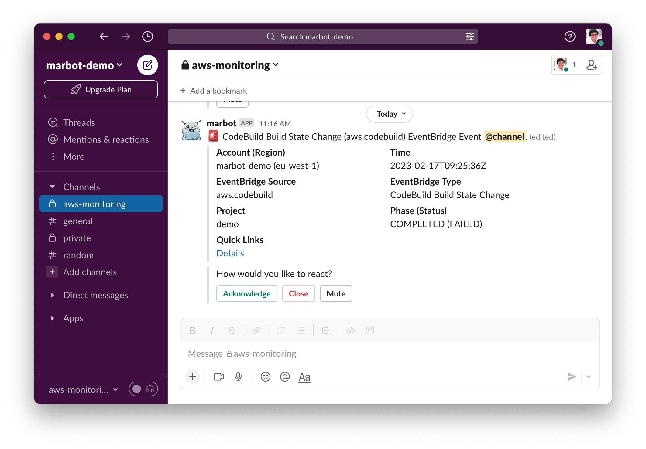 AWS CodeBuild alert in Slack