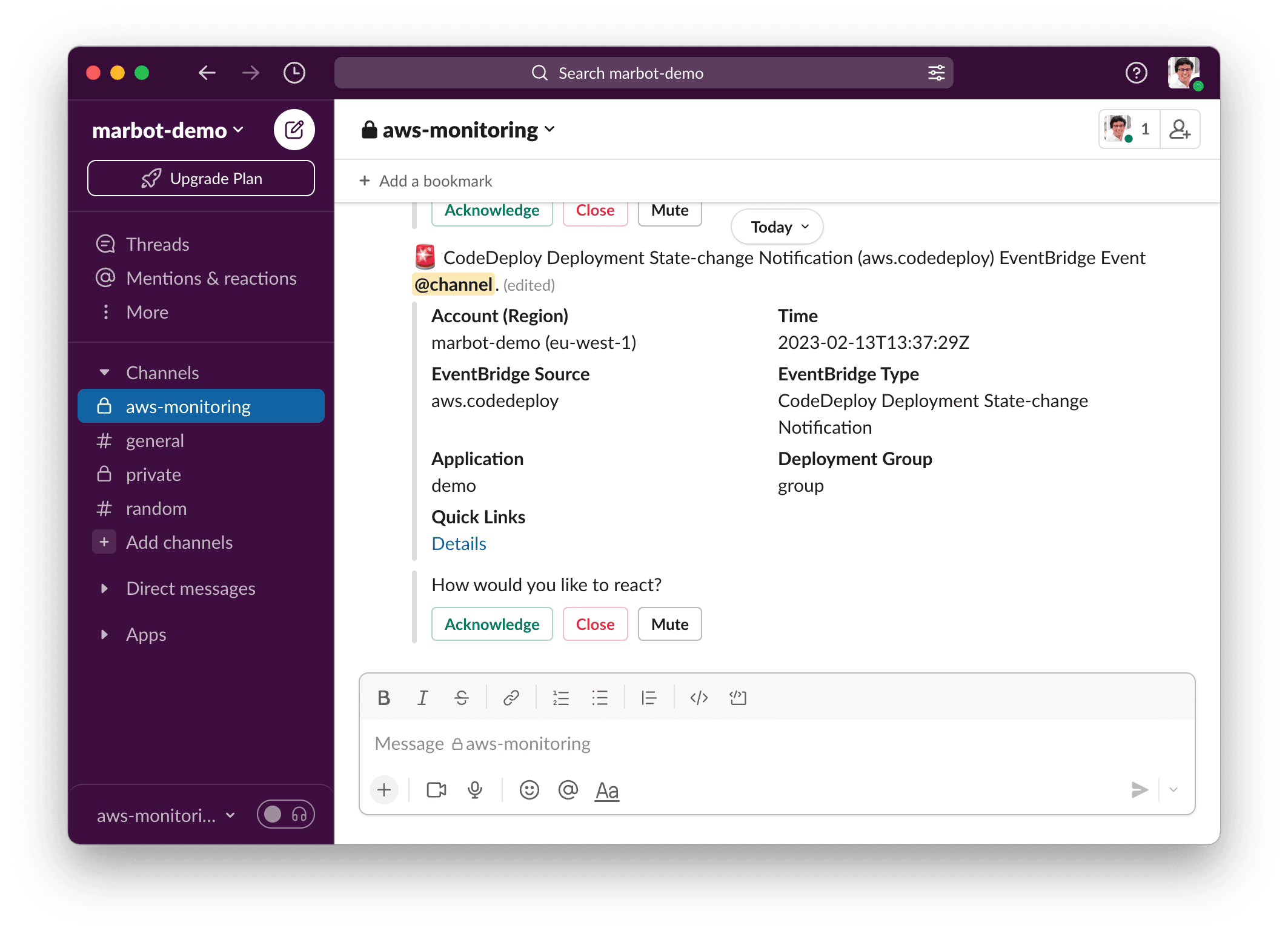 AWS CodeDeploy alert in Slack