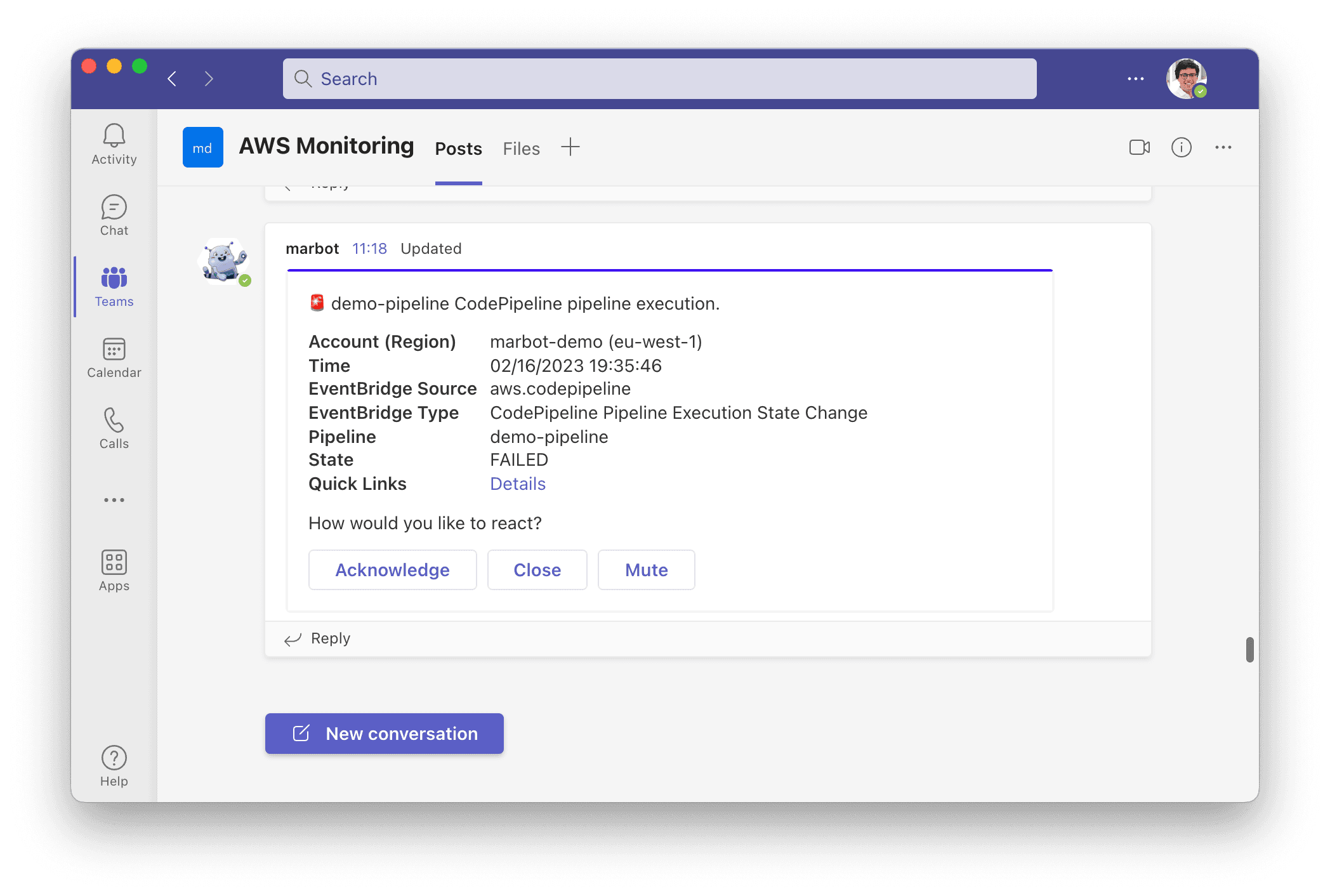 AWS CodePipeline alert in Microsoft Teams