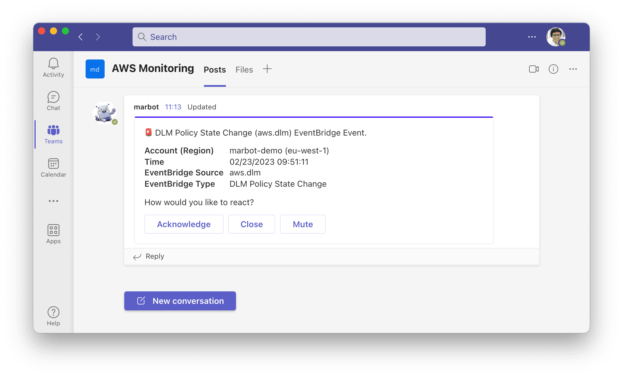 Amazon Data Lifecycle Manager (DLM) alert in Microsoft Teams