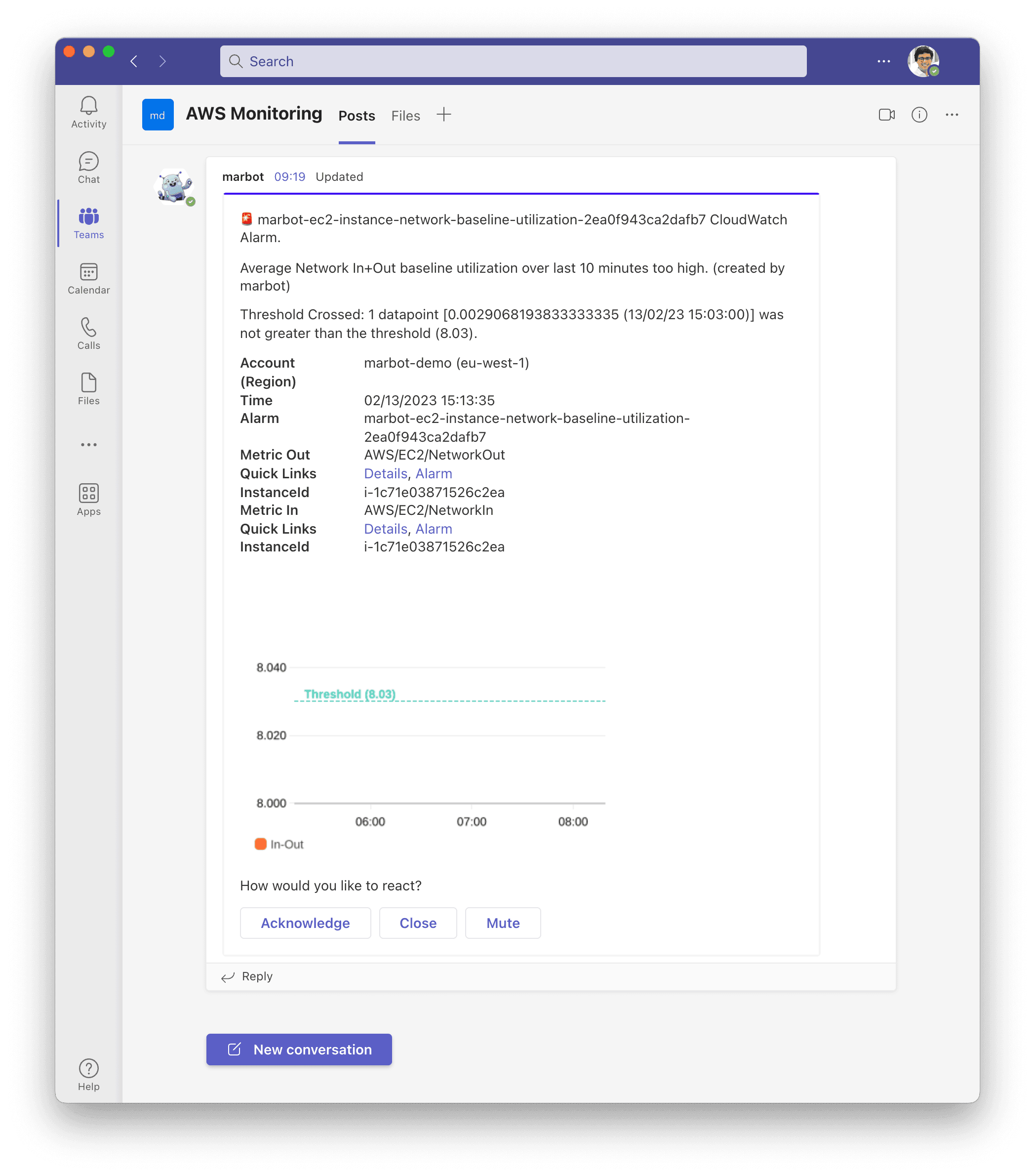 Amazon EC2 alert in Microsoft Teams