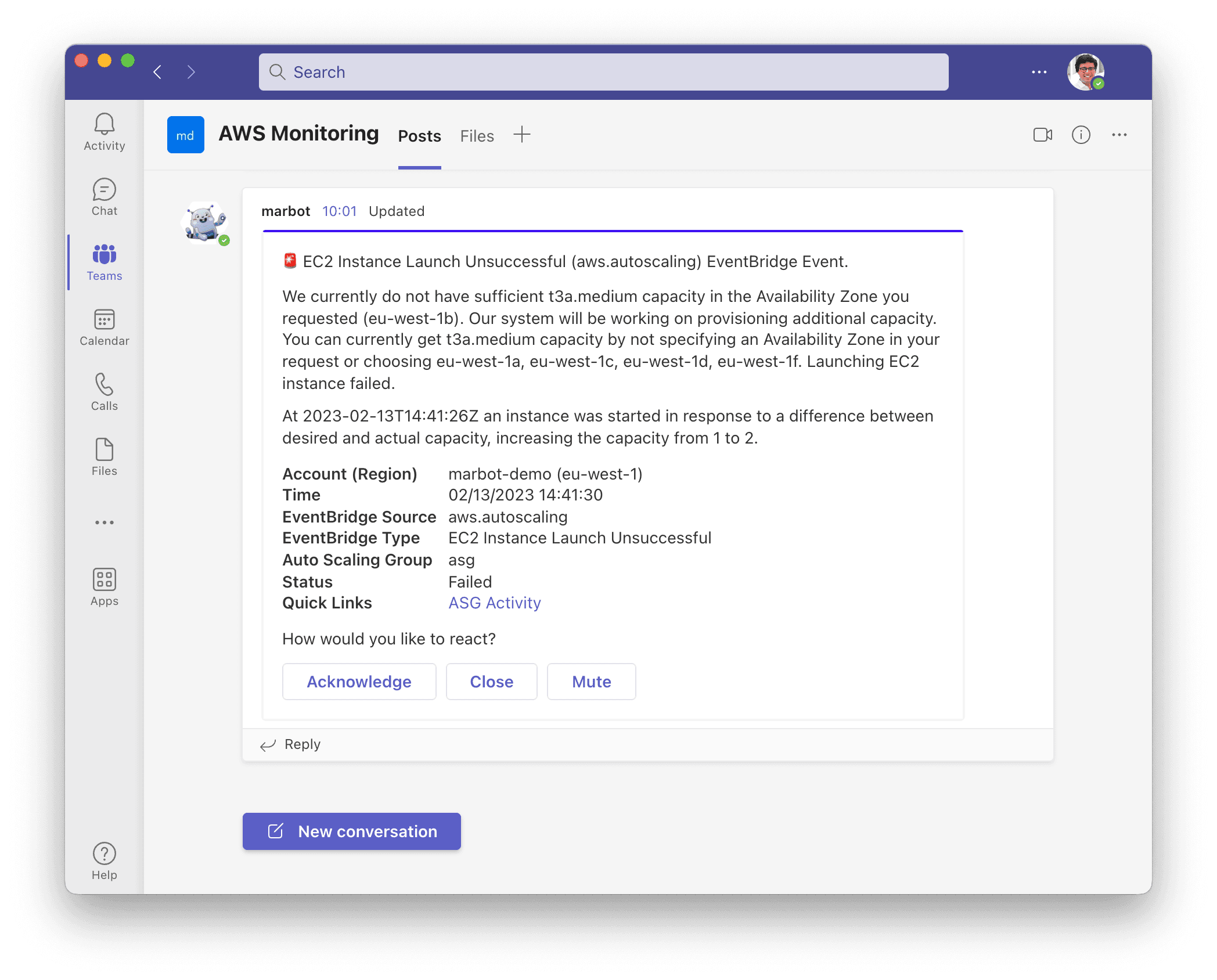 Amazon EC2 Auto Scaling alert in Microsoft Teams