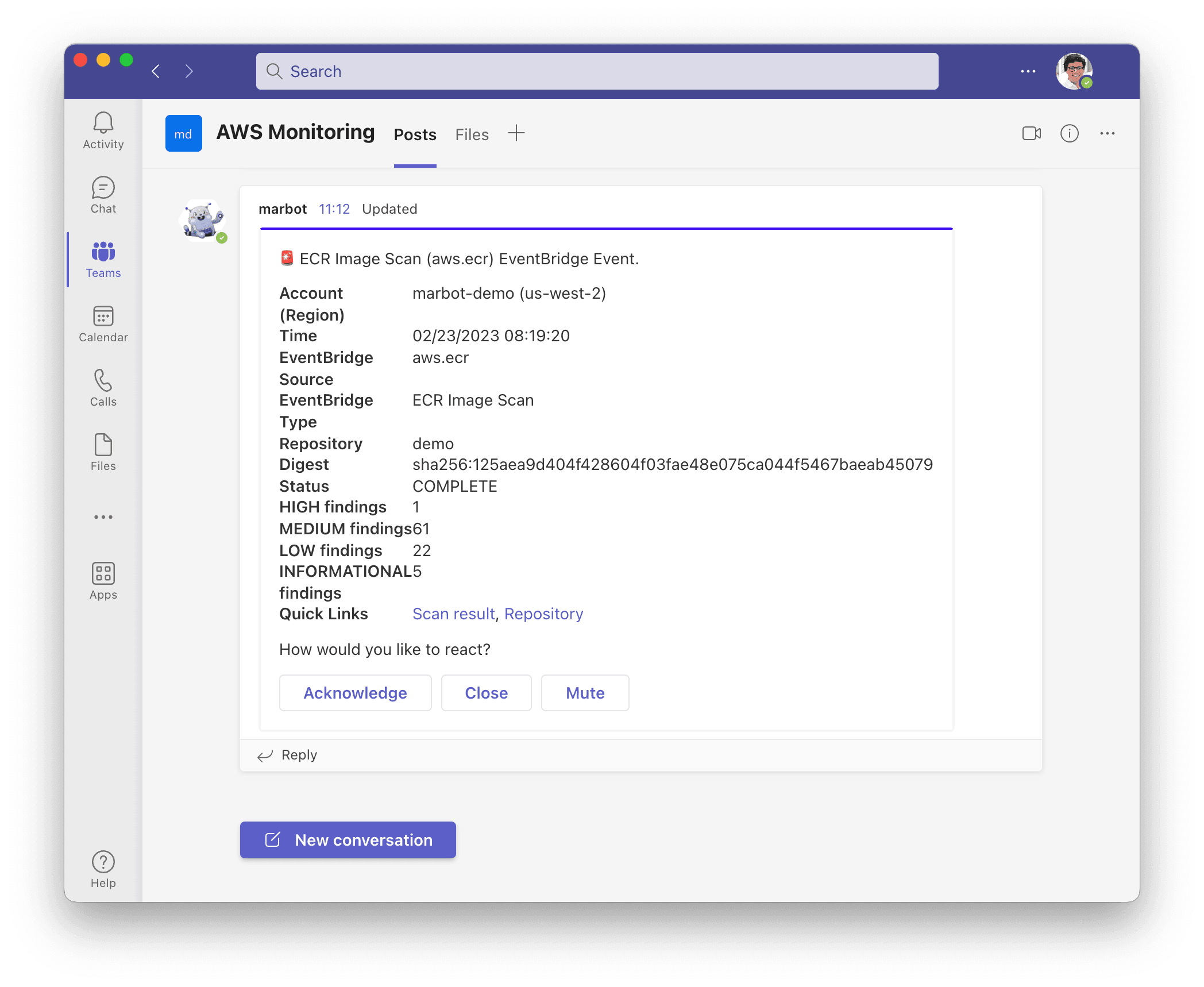 Amazon ECR alert in Microsoft Teams