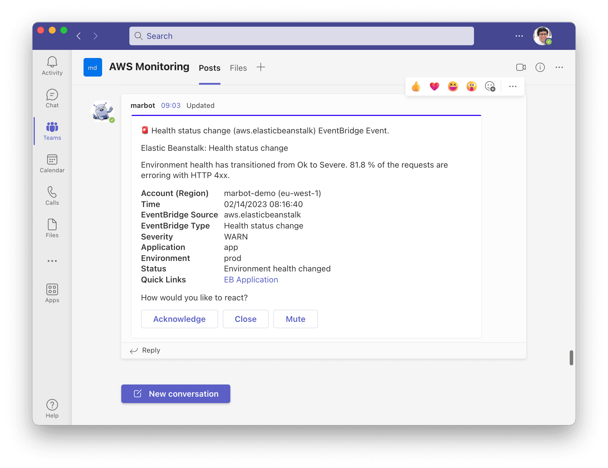 AWS Elastic Beanstalk alert in Microsoft Teams