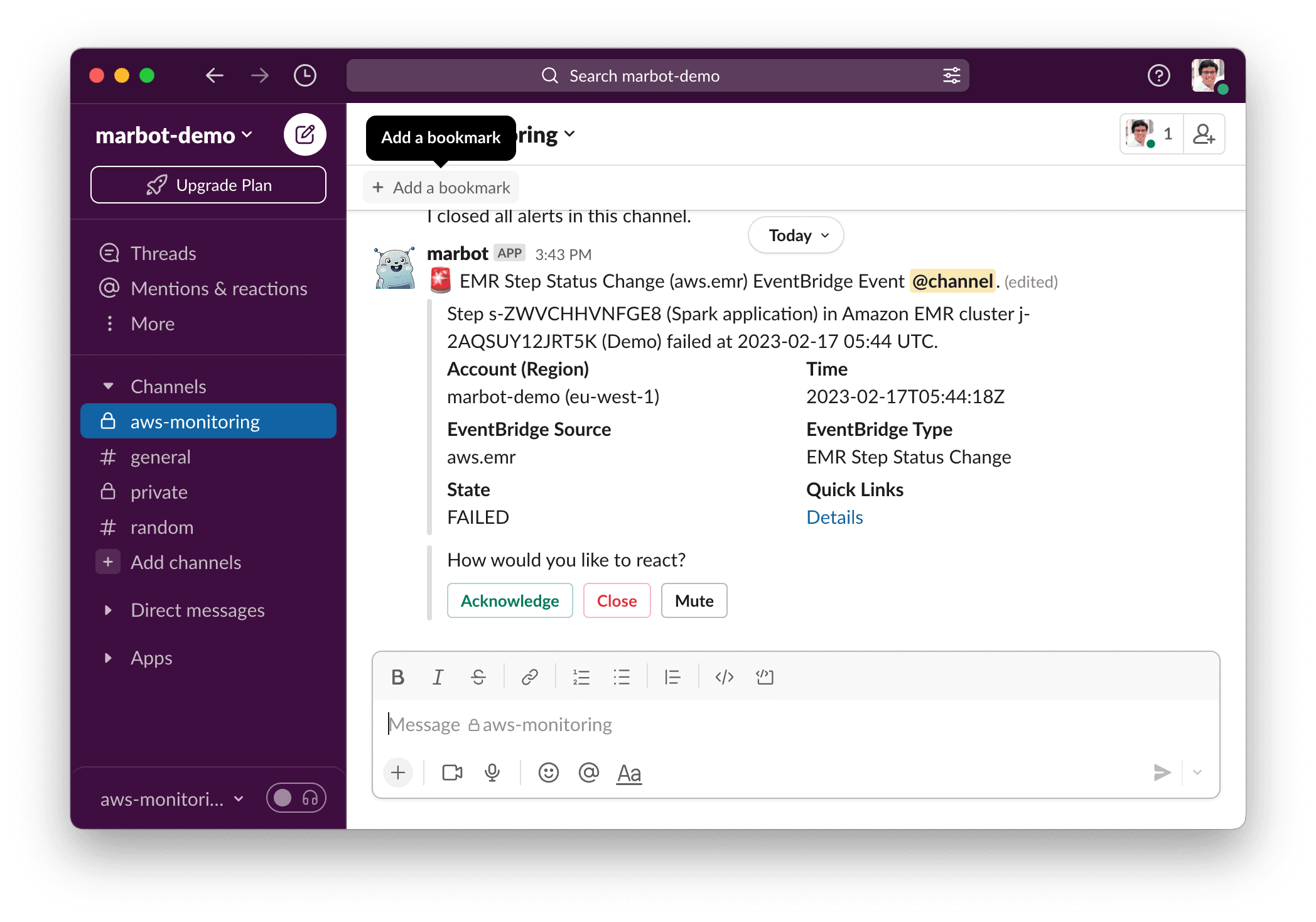 Amazon EMR alert in Slack