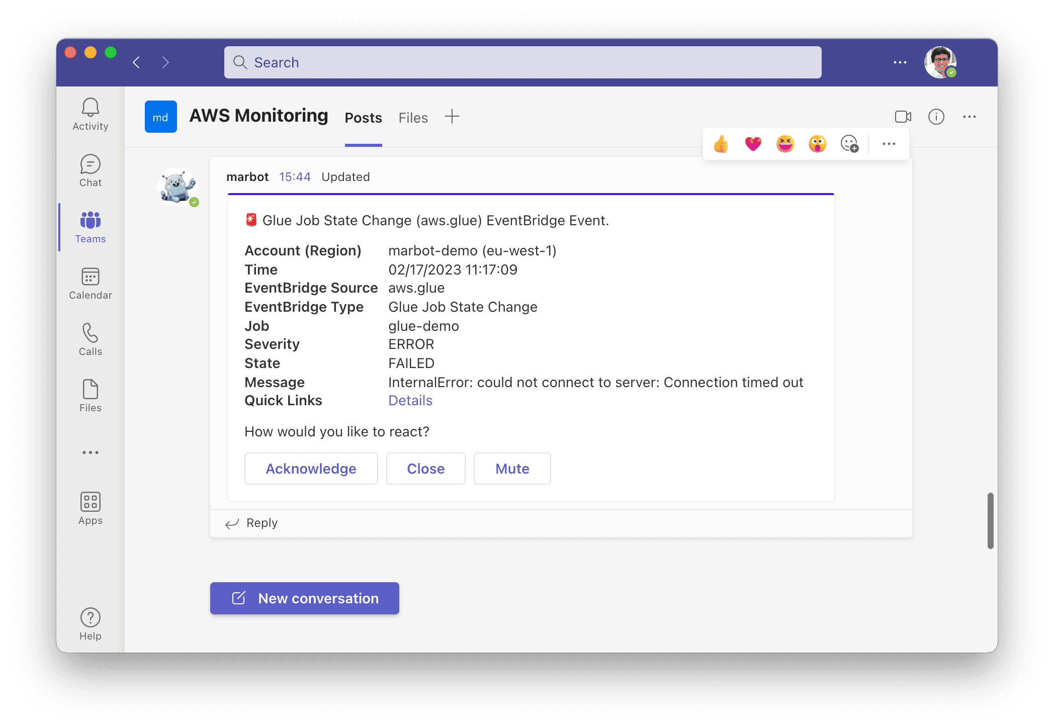 AWS Glue alert in Microsoft Teams