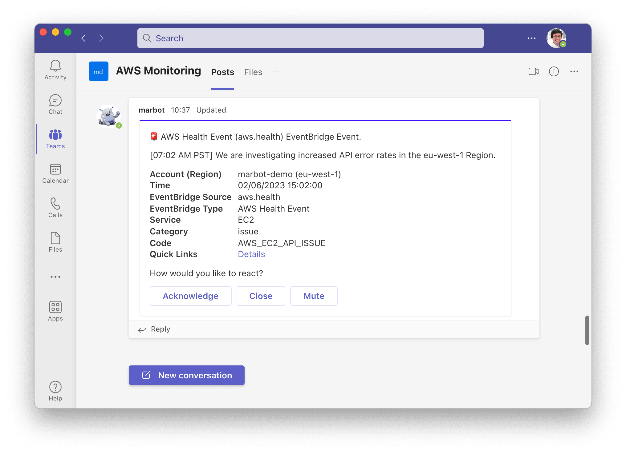 AWS Health alert in Microsoft Teams