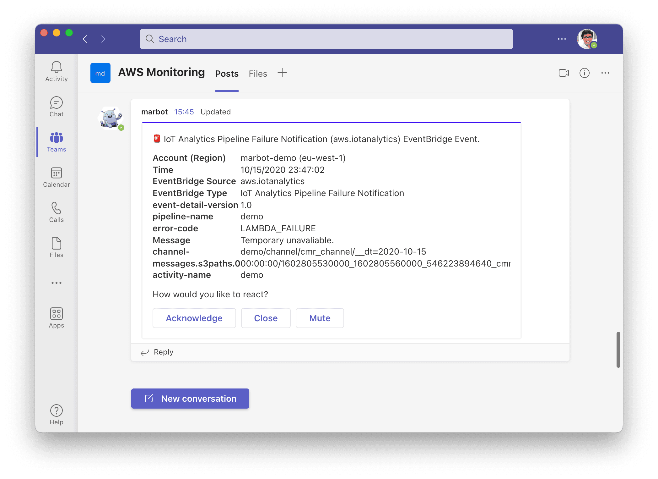 AWS IoT Analytics alert in Microsoft Teams