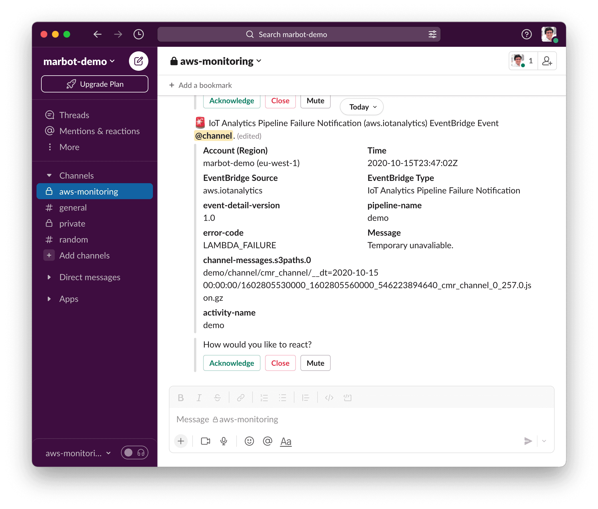 Monitoring: AWS IoT Analytics - marbot