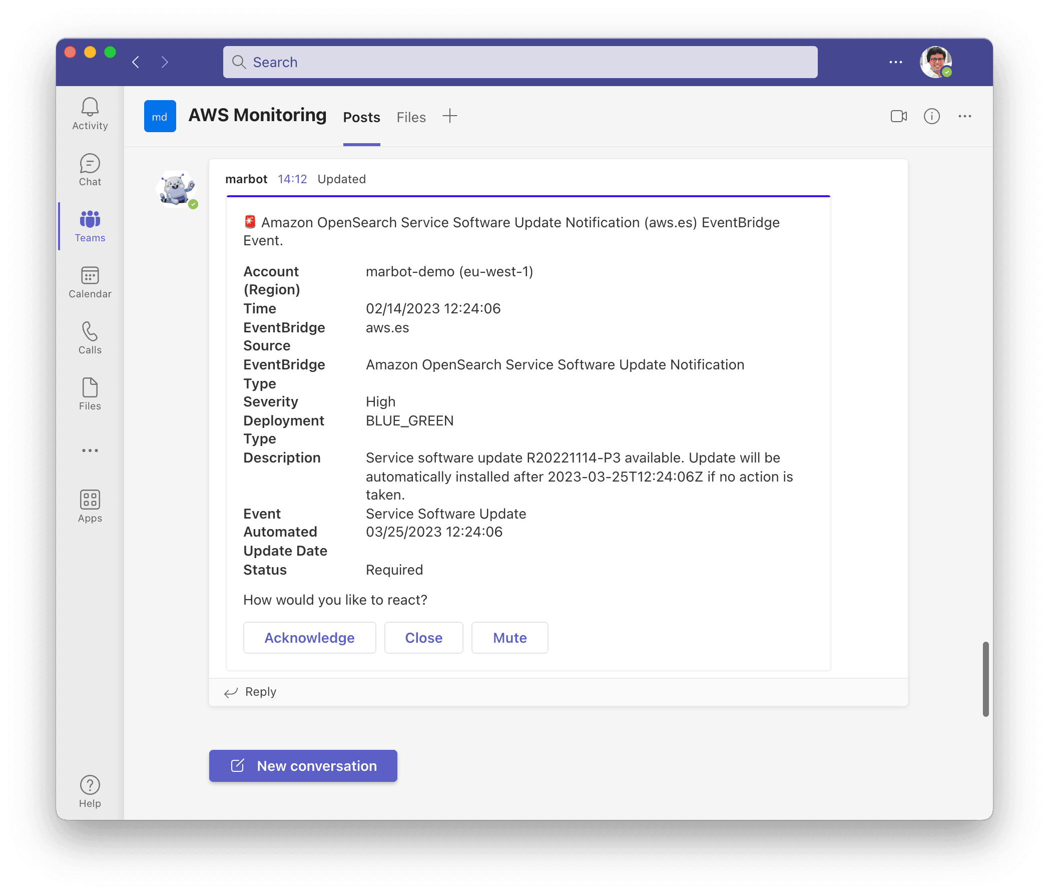 Amazon OpenSearch alert in Microsoft Teams