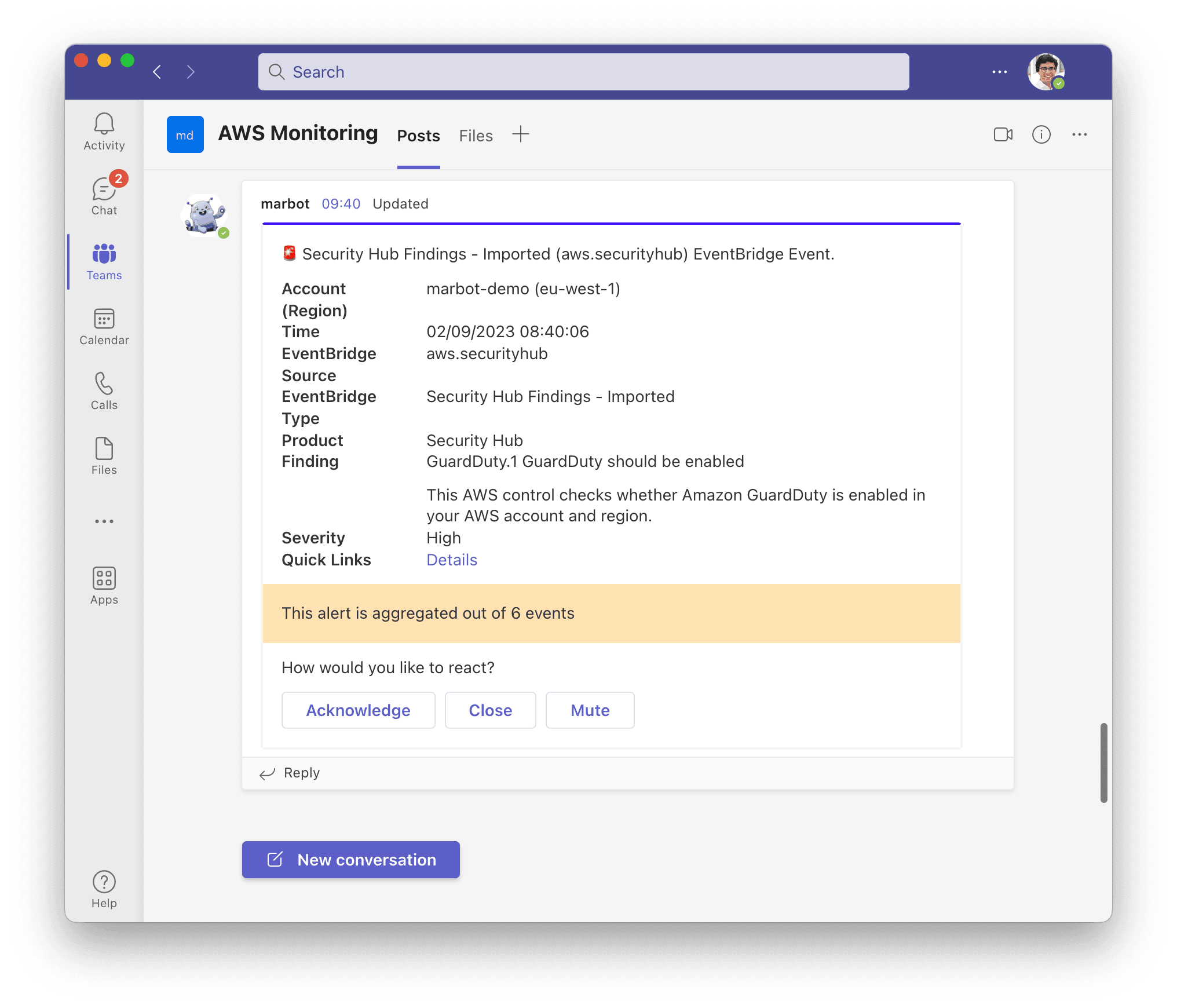 Security Hub finding in Microsoft Teams