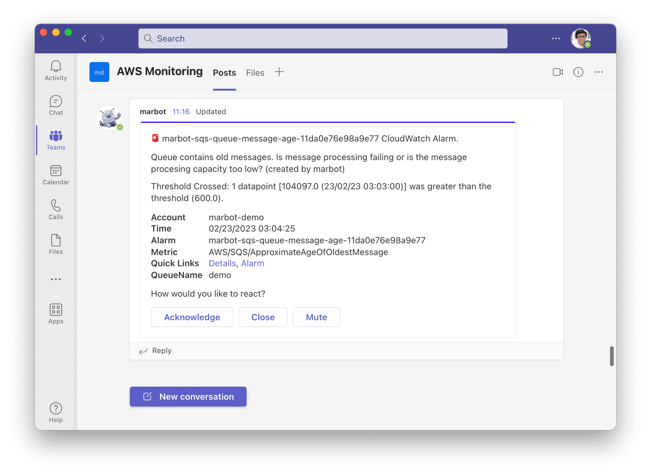 Amazon SQS alert in Microsoft Teams