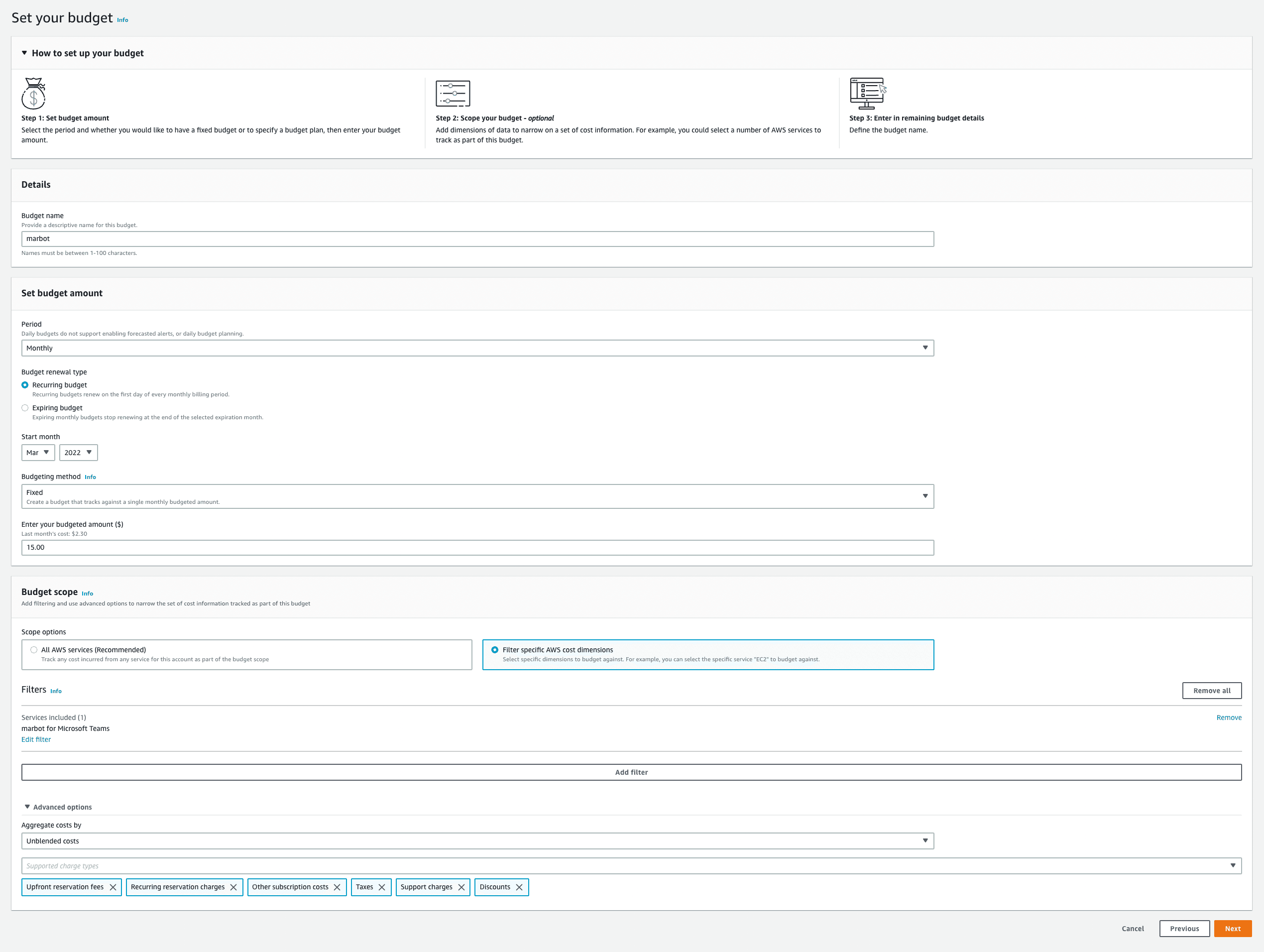 Creating an AWS Budget to monitor costs for marbot: Step 2